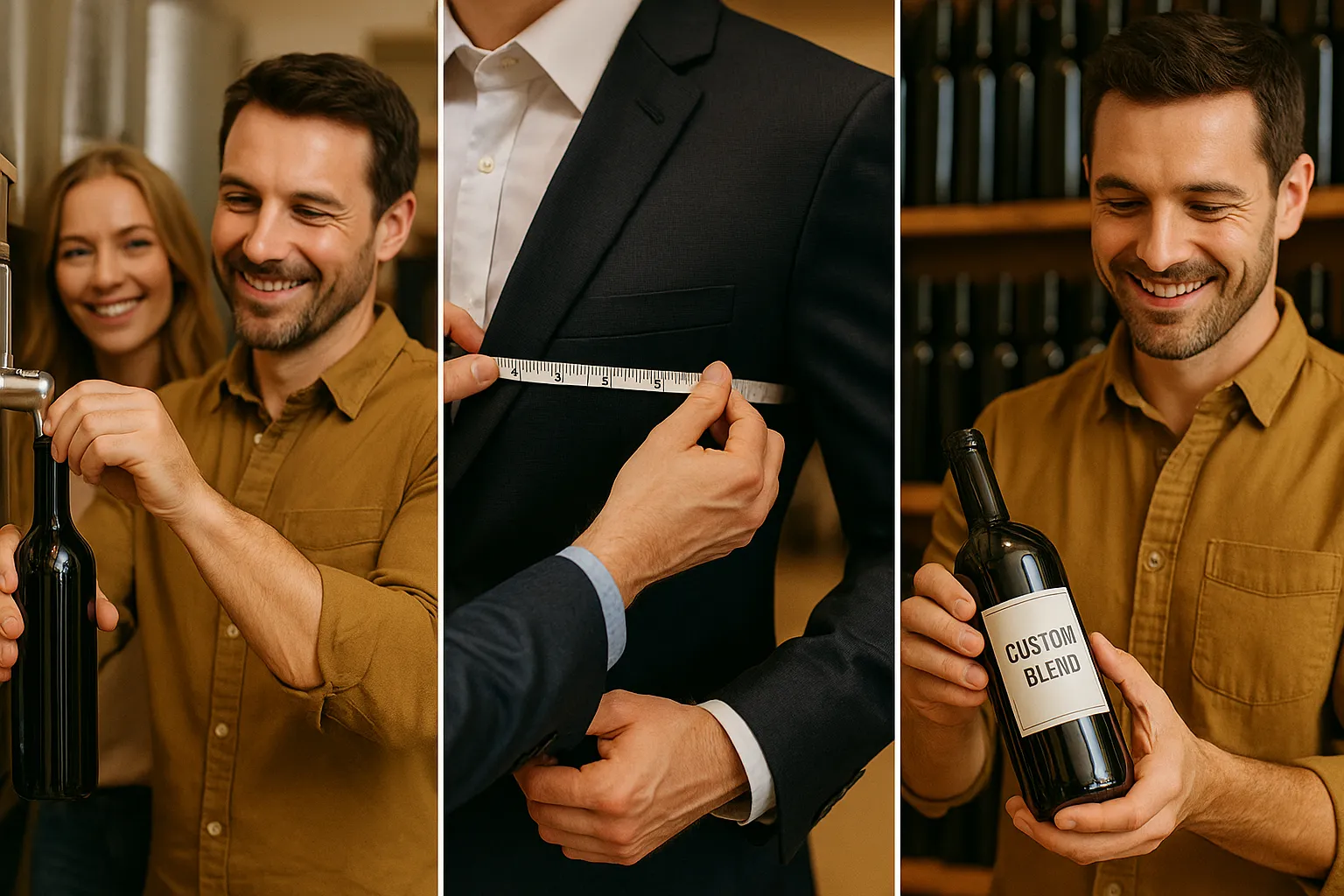 Man being fitted for suit like being fitted for wine
