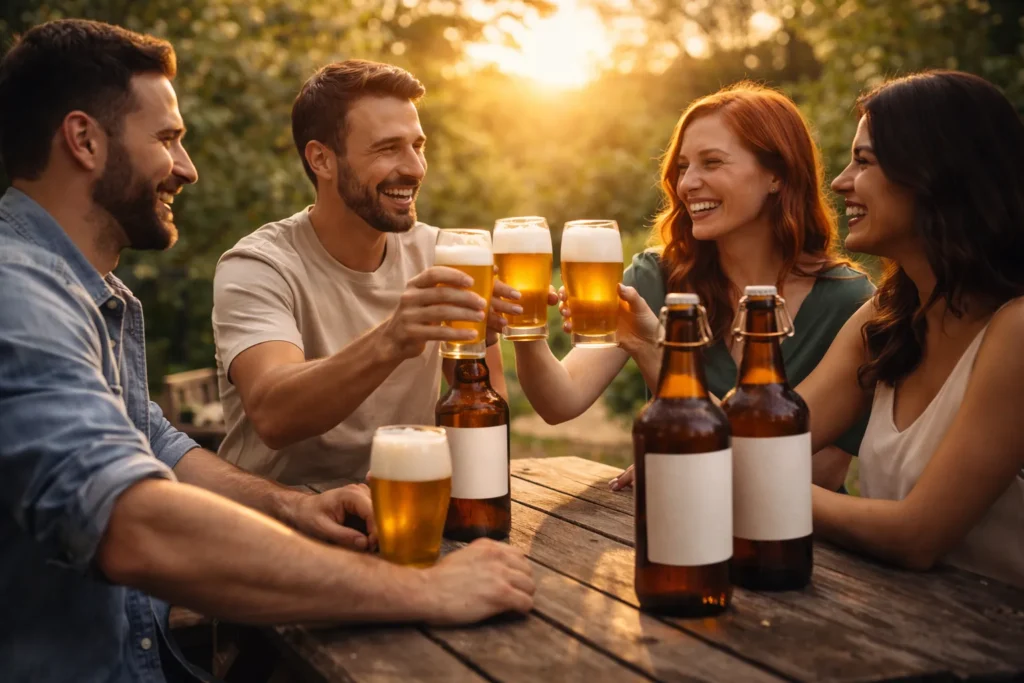 Friends sharing Custom Craft Vin Bon Beer